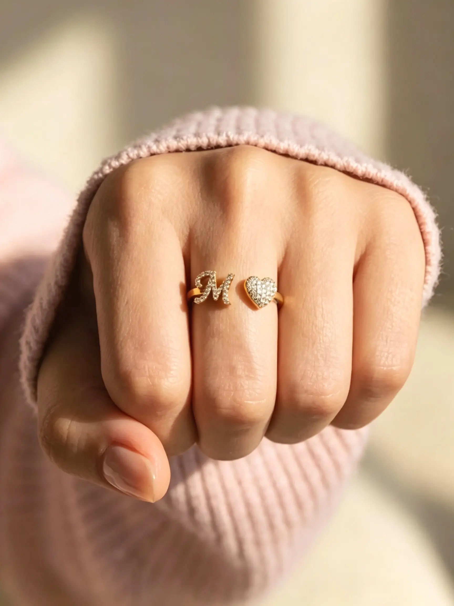 Personalized Initial A-Z Heart Open Ring for Ladies, Sparkling CZ Diamond‑Studded Alphabet Adjustable Ring, Fashion Statement Jewelry Gift for Girlfriend Wife Mom Christmas Black Friday Holiday Birthday