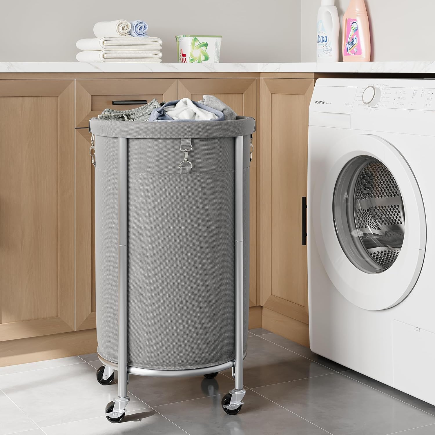 Laundry Hamper with Wheels, 110L Rolling Laundry Basket, Round Laundry Cart with Steel Frame and Removable Bag, 4 Casters and 2 Brakes, Dirty Clothes Hamper for Hotel, Home, Closet, Dorm, Gray