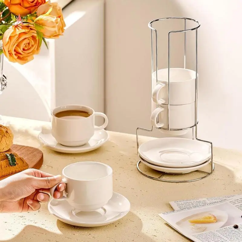 Coffee Cup and Saucer Set, Cappuccino Cup Set, Includes Saucer and Metal Stand, 8-Ounce Stackable Espresso Cups, Suitable for Specialty Coffee Drinks, Lattes, American Coffee, and Tea. Coffee Machine Accessories.