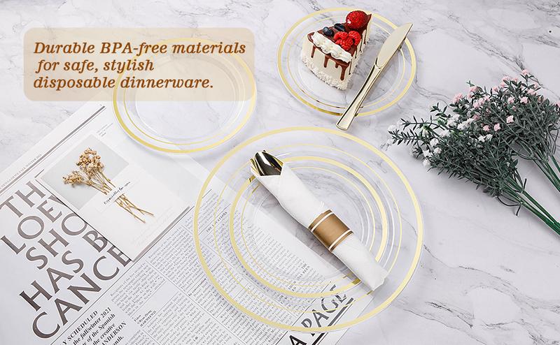 GOODLUCK 175PCS Clear Gold Plastic Dinnerware Set Disposable Party Plates for 25 Guests Includes 50 Plates 25 Pre Rolled Napkins with Silverware 25 Cups Dessert Plate Christmas Disposable Gold Cutlery