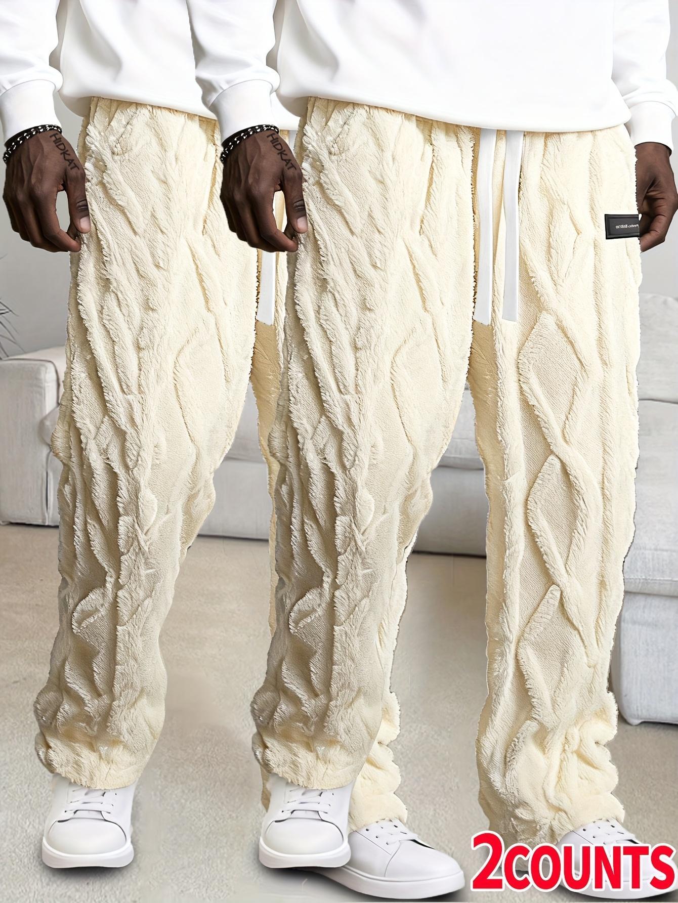 Men's double-sided velvet thickened linen casual pants (2 pieces) Autumn and Winter Plush Loose Leg Warm Home Pants (2-piece Set) Drawstring elastic waist plus plush wide leg pants
