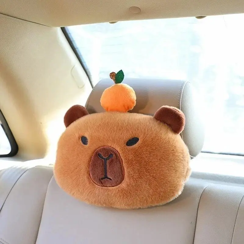 Capybara Car Headrest Neck Pillow Shoulder Support Set Capybara Plush Shoulder Protection Cute Tissue Box Car Decor