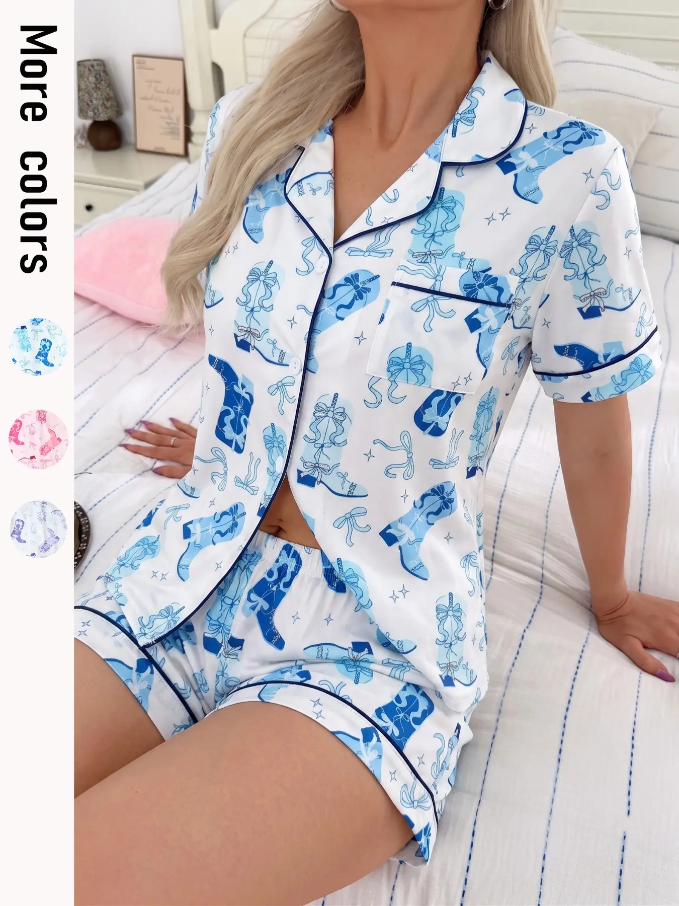 Women's All Over Print Crop Top & Shorts Pyjama Set, Casual Comfy Short Sleeve Collared Top & Shorts PJ Set, Ladies Summer Sleepwear, Summer Pajama Set