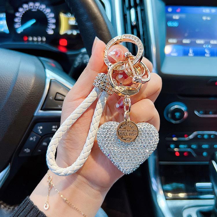 Full Rhinestone Clay Heart Keychain, Bling Love Heart Car Key Ring with Braided Leather Strap, Luxury Bag Charm Accessory for Women