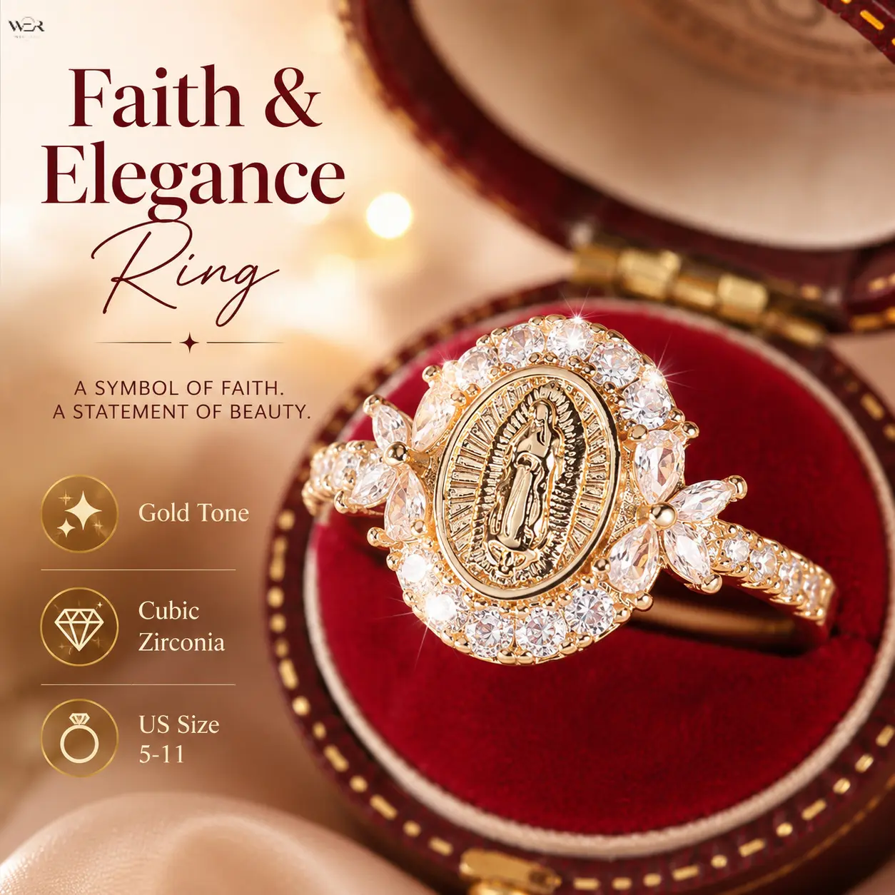 Women's Gold-Tone Virgin Mary Cubic Zircon Ring - Vintage Devotional CZ Halo, Paved Shank, Oval Medallion CZ Statement Ring, Crystal Christian Jewelry for Sacred Events, Female Wear, US Size 5-11