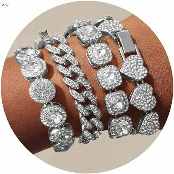 Women's 4-Style Pink Cubic Zirconia Tennis Bracelet Set - Gold, Silver Stainless Steel Heart, Round, Square Link Bangles, Stackable Female Wear Jewelry Gift for Wedding, Party