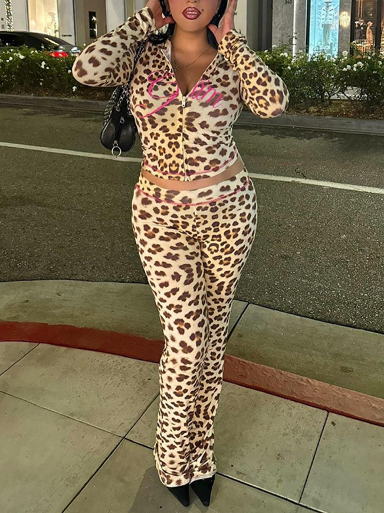 Two-piece Set Women's Leopard Letter Print Zip Up Crop Hoodie & High Waist Skinny Pants, Matching Sets, Casual Fashion Cozy Breathable Two Piece Outfits for Daily Outdoor Wear, Women Long Sleeve Clothes for Fall & Winter, Lady Womenswear, Boss Babe Outfit