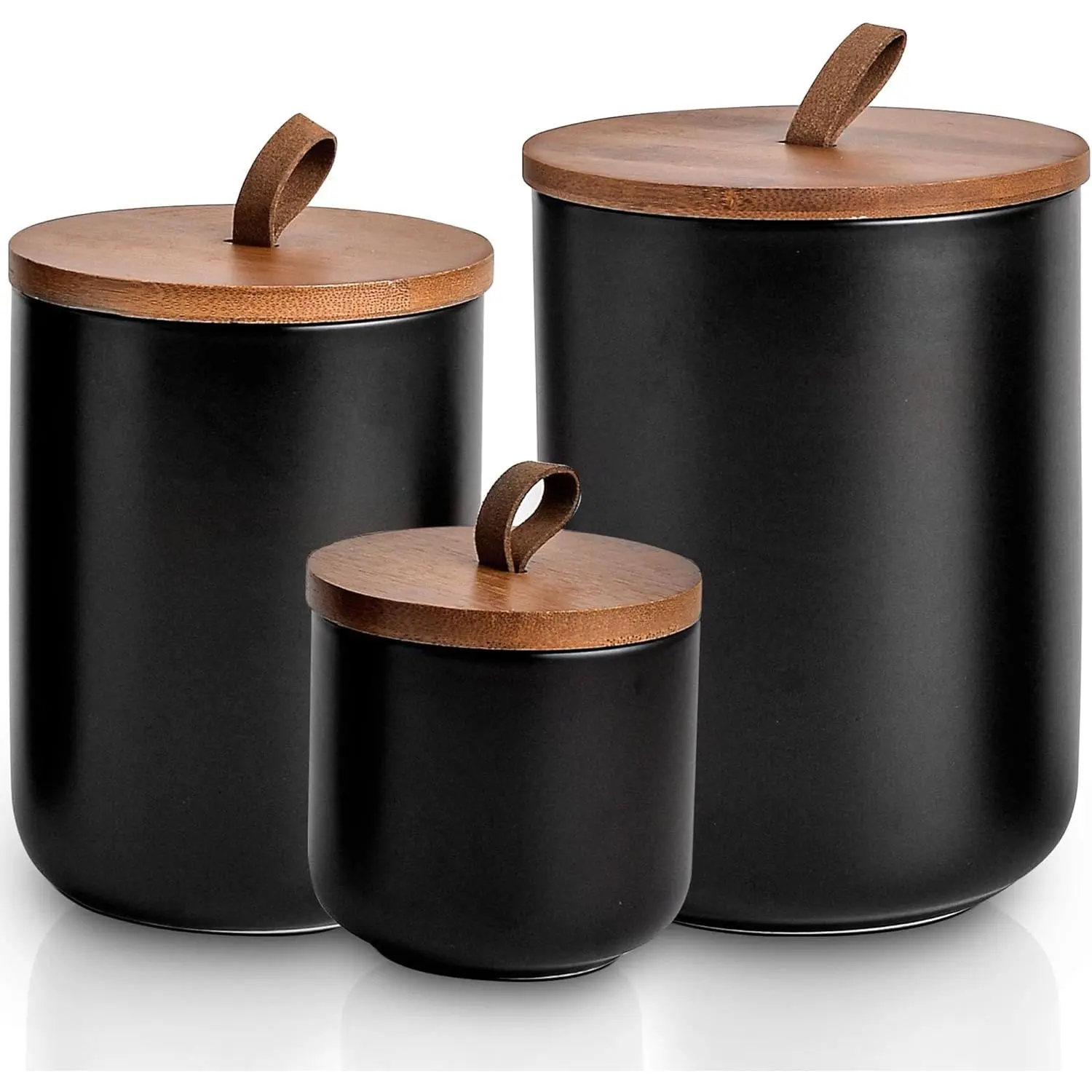 Black Ceramic Canister Set with  , 3- Airtight  Storage Jars for Kitchen - Flour, Sugar, Coffee, ,  - Small, Medium, Large Sizes