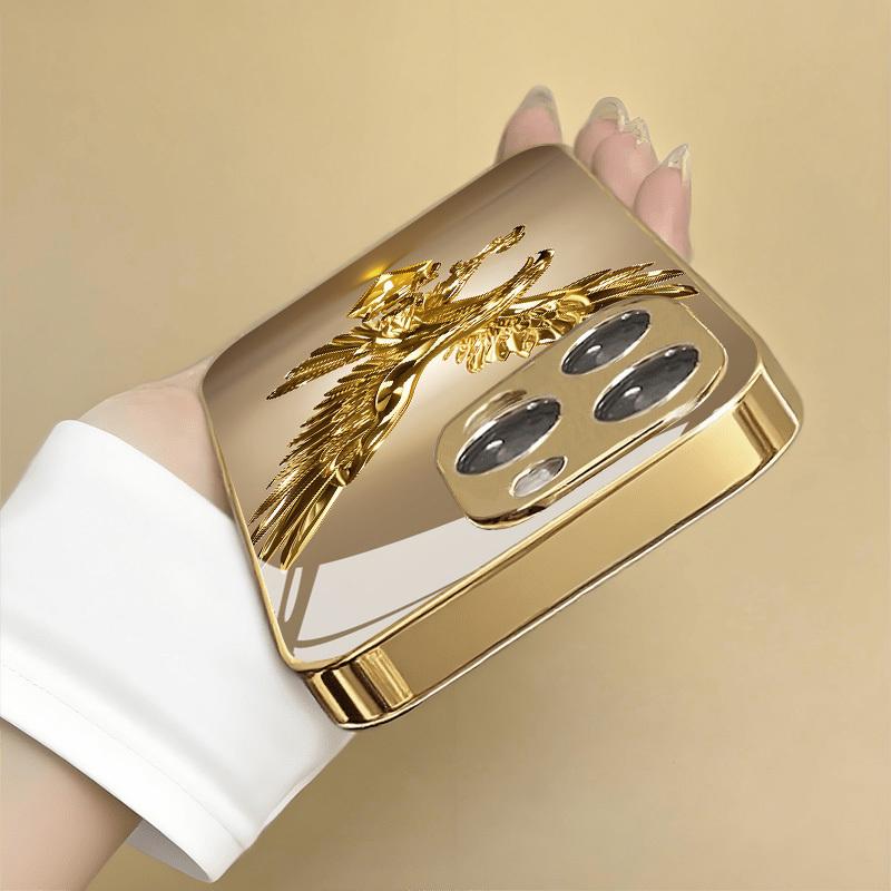 Versatile and stylish gold phone case with a golden eagle pattern, suitable for iPhone 17, 16, 15, 14, 13, 12, 11 Plus Pro Max