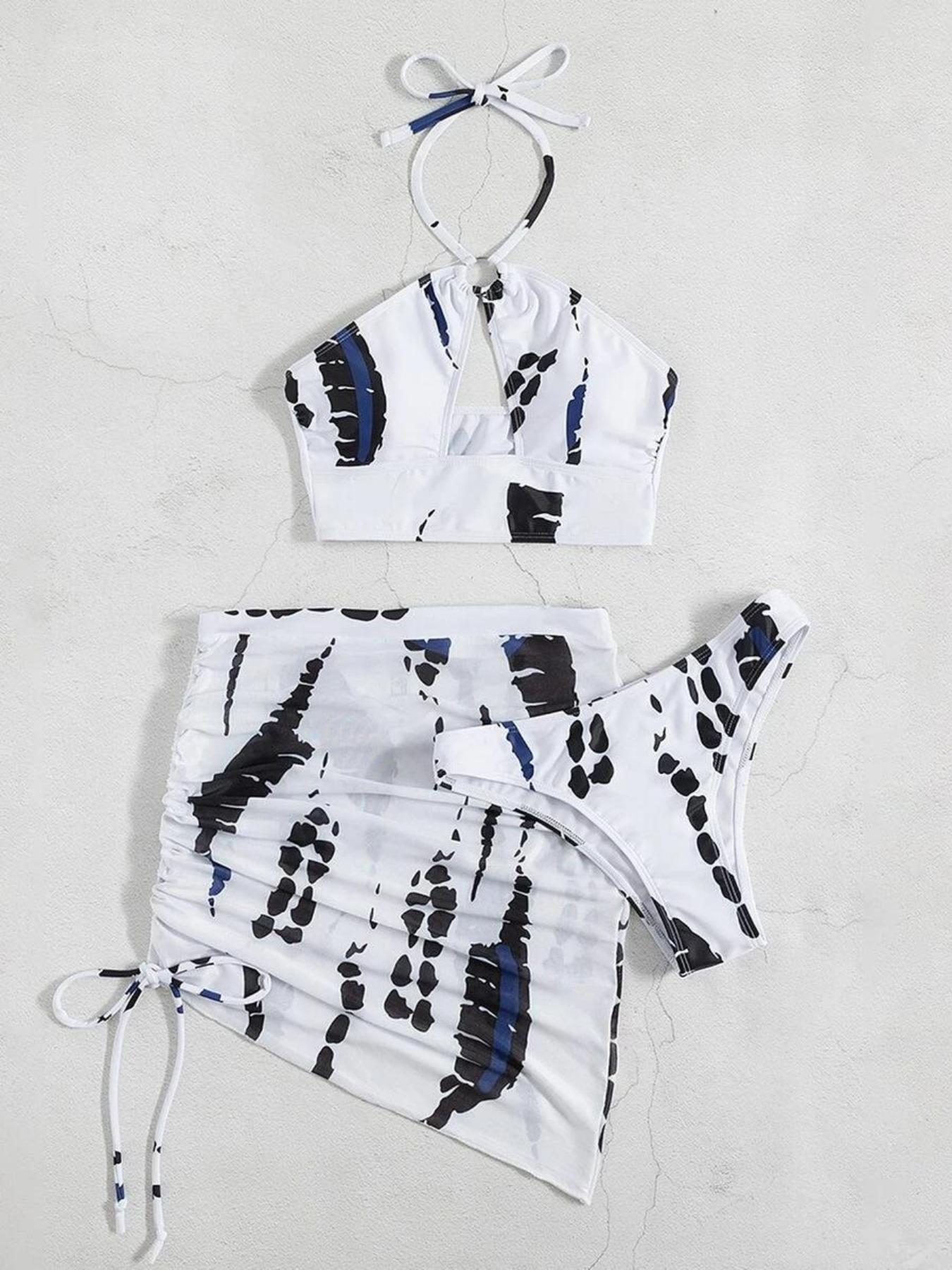 Three-Piece Set Women's Colorblock Cut Out Set, Ring Linked Bra & Ruched Skirt & High Cut Panty, Bikini Sets, Women's Swimwear for Summer Beach Holiday, Swimsuit Style Bikini