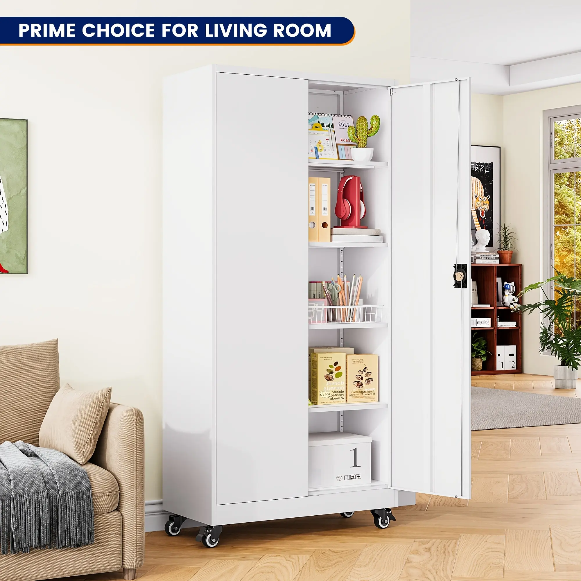 75-Inch Garage Storage Unit: Features 2 Doors, Wheels, 4 Adjustable Shelves, And a Lock.Ideal for Workshops, Homes, Or Offices.Sturdy And Easy to Move