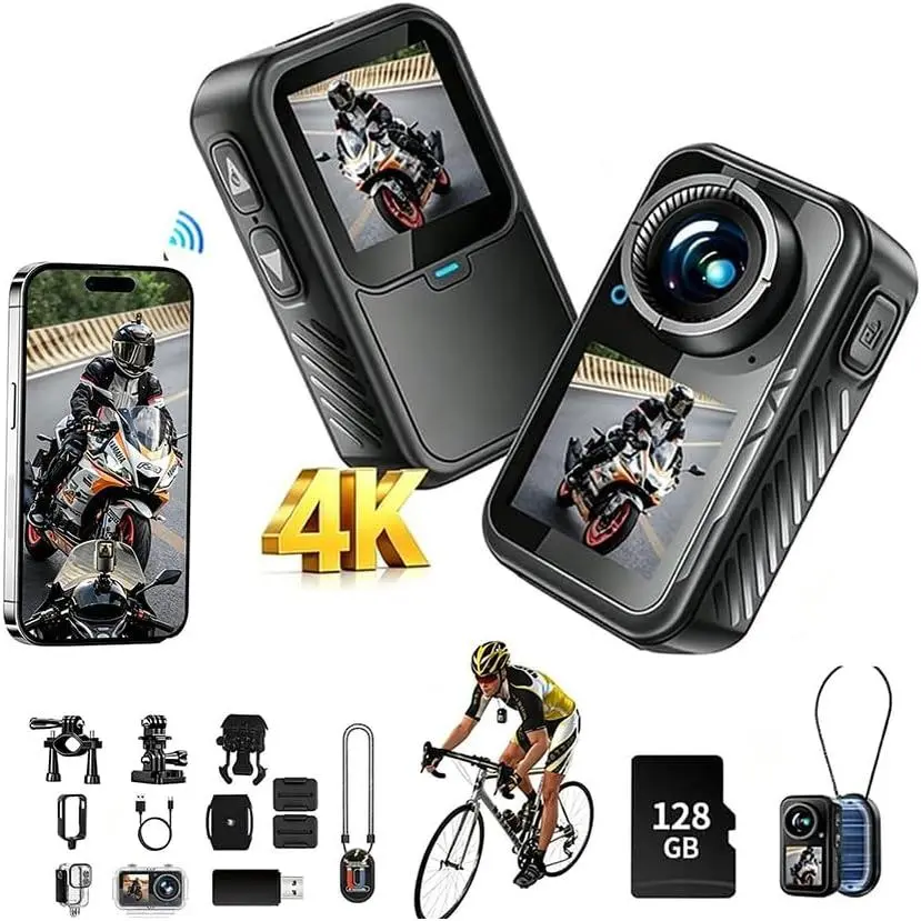 Camera with Stabilization & EIS,Chest  Action Camera with  Screen,Wearable Thumb Size   Cam,with Mount for /,for Cycling,Outdoors Activities (128g)