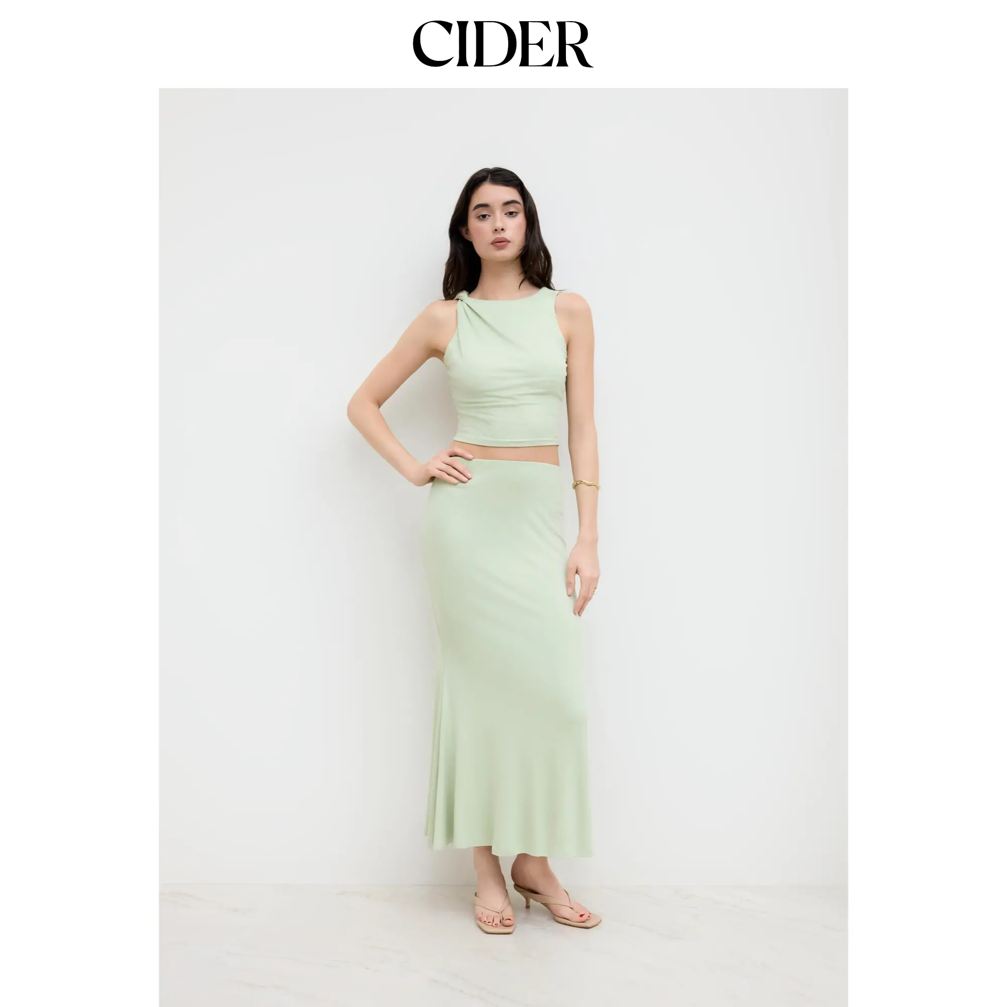 Cider Boat Neck Twist Tank Top & Mid Rise Ruffle Maxi Skirt Set