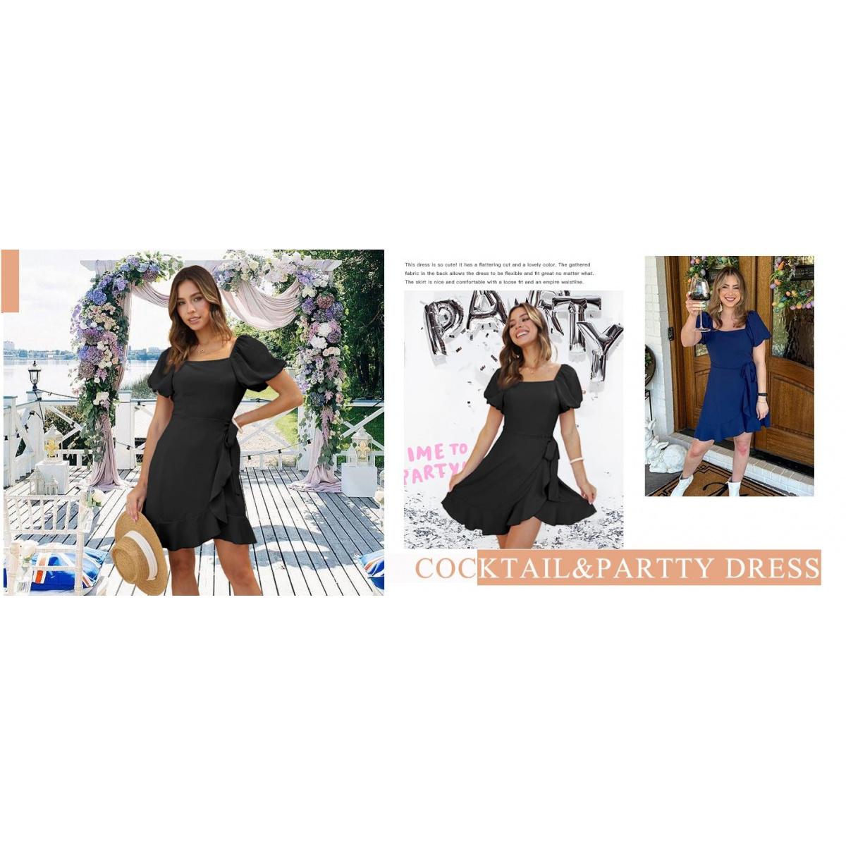 Women's Summer Square Neck Puff Sleeve Tie Short Dress