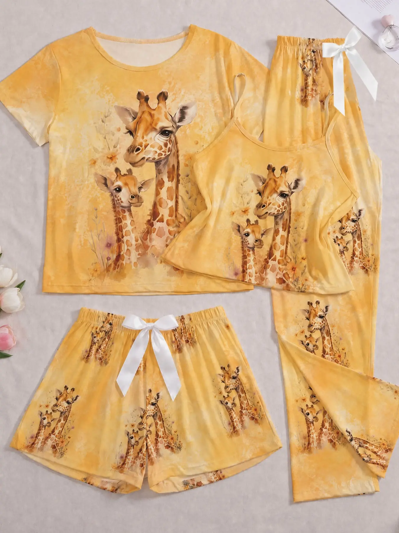 Giraffe Print Four-Piece Pajama Set, Round Neck, Short Sleeve, Tank Top, Shorts, Long Pants, Comfortable Breathable Fabric, Versatile Home Wear