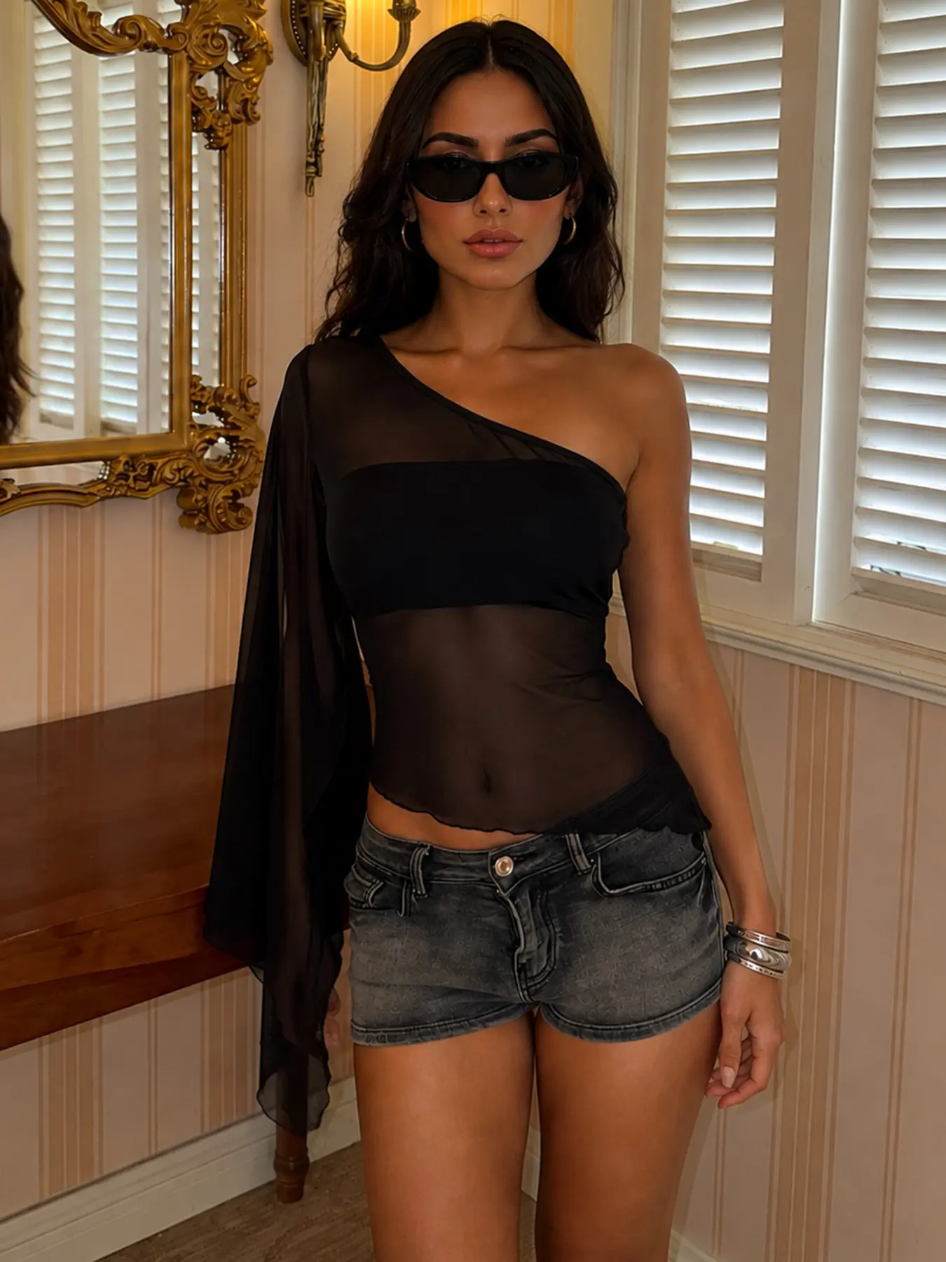 European and American Style Sexy Asymmetric One-Shoulder Mesh T-Shirt for Women, Transparent Slim Fit Knit Top, Trendy and Fashionable