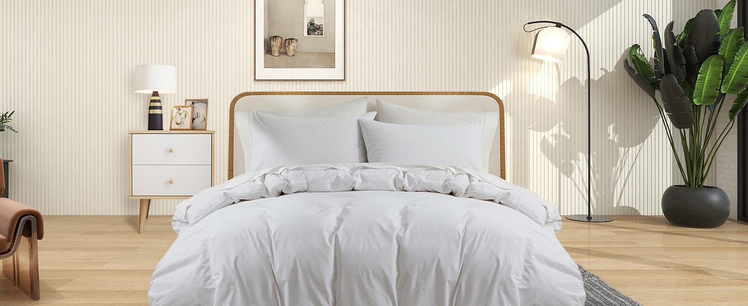 100% Washed Cotton Duvet Cover Queen Size, White Like Breathable Natural Bedding Set (No Comforter), 90x90 Inches
