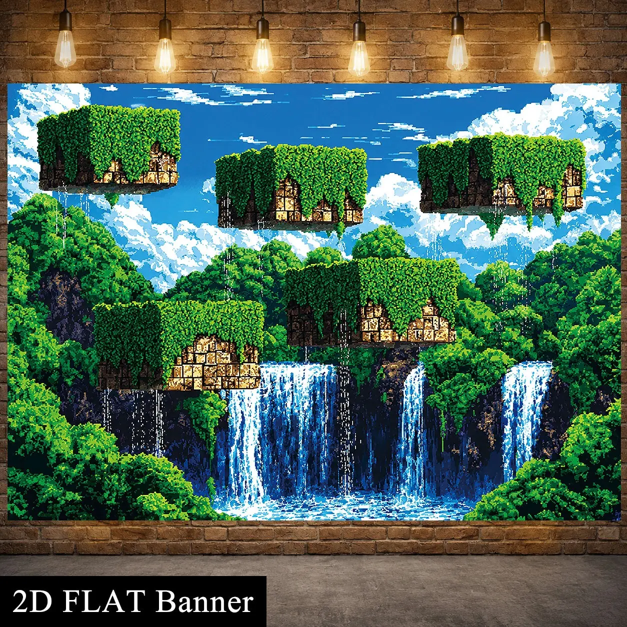 2D Flat Dreamy Waterfall Forest Banner, Pixel Art Nature Background, Polyester Material, Metal Grommets, Ideal for Parties and Photography Decor