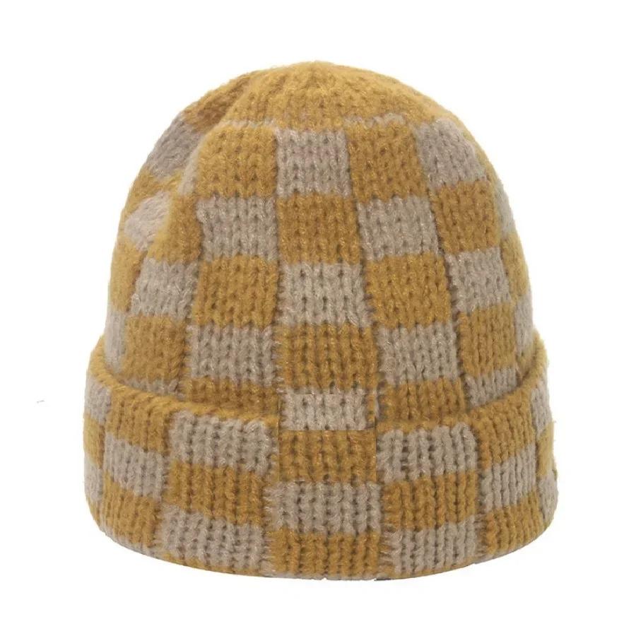 New Japanese Korean Winter Check Plaid Skullies Beanies Knit Hat for Women Ins Luxury Brand Y2k Bonnet Heavy Warm Hat Casual Cap