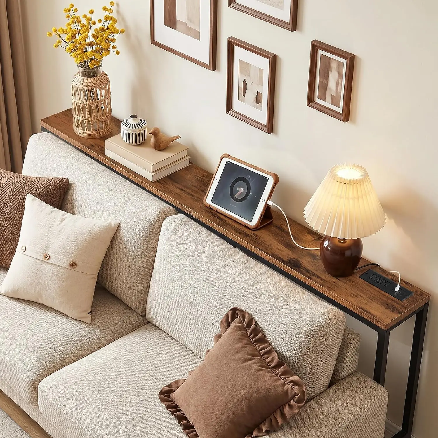 70.9'' Console Table with Power Outlet, Narrow Sofa Table with  Station, Skinny Behind Couch Table for Entryway, Hallway, Foyer, Living Room, Rustic Brown CTHR18E01Z1