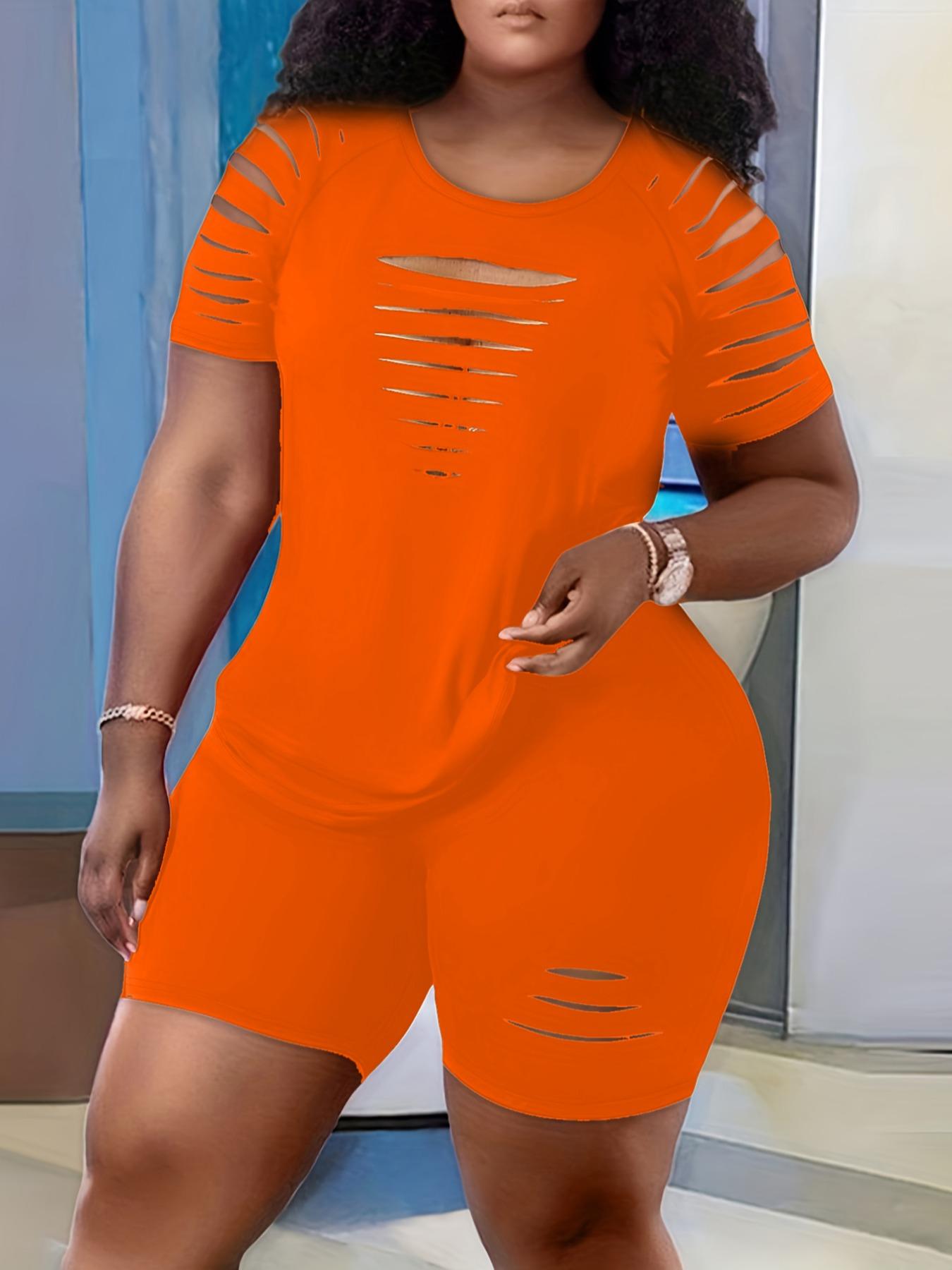 Plus Size Women's Ripped Design Sporty Round Neck Short Sleeve T-Shirt + High Waist Sporty Shorts, Casual Fashion Set, Street Style Sports Recommendation