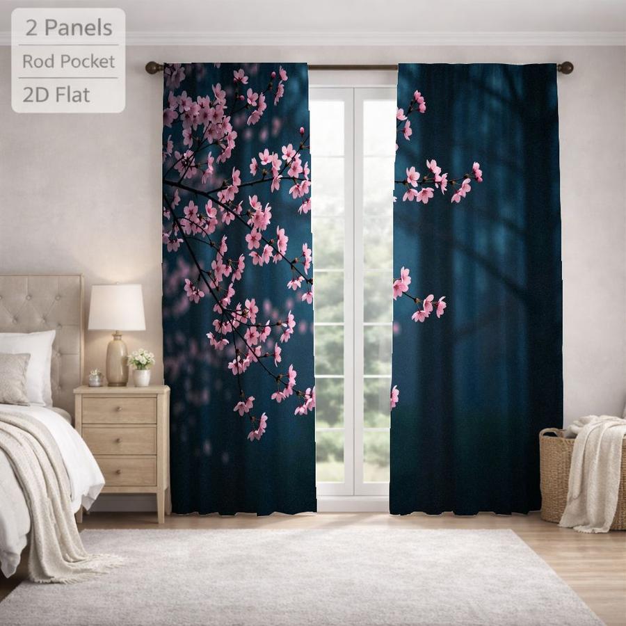 2Pcs Aesthetic Cherry Blossom Floral Pattern Sun Blocking Curtains Digital Printed Rod Pocket, Window Treatment For Bedroom Office Kitchen Living Room Study Home Decor