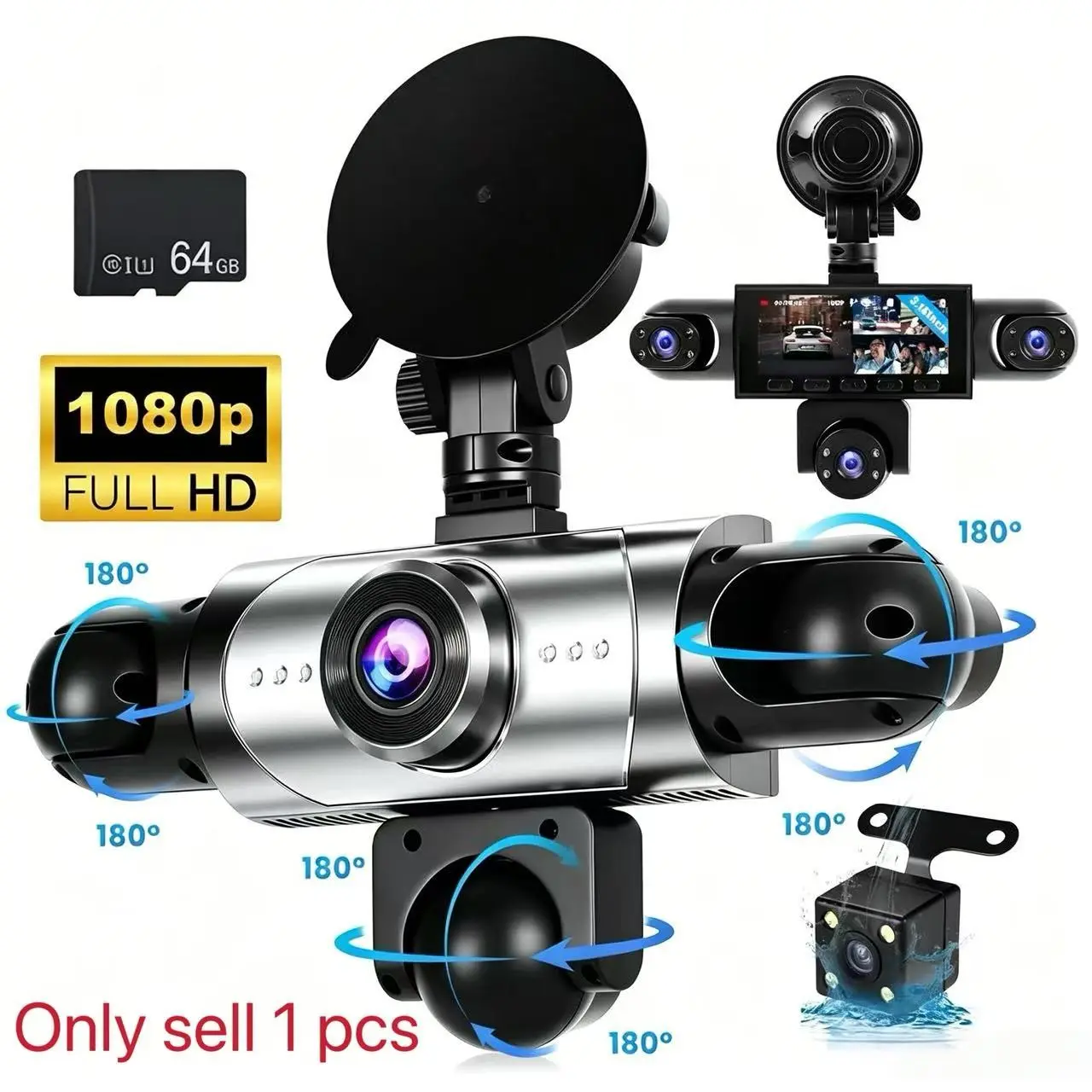 5-Channel Car Dvr Camera, 1080P Video Recorder with 64GB SD Card, Loop Recording, Parking Mode, Front Back Left Right Dash Cam, Dashcam For Cars, Father's Day Gift, Dash Camera For Cars
