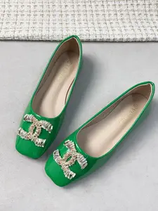 Women's Square Toe Ballet Flats, Glossy Patent Leather with Rhinestone Buckles, Comfortable Soft Sole, Versatile All-Season Shoes
