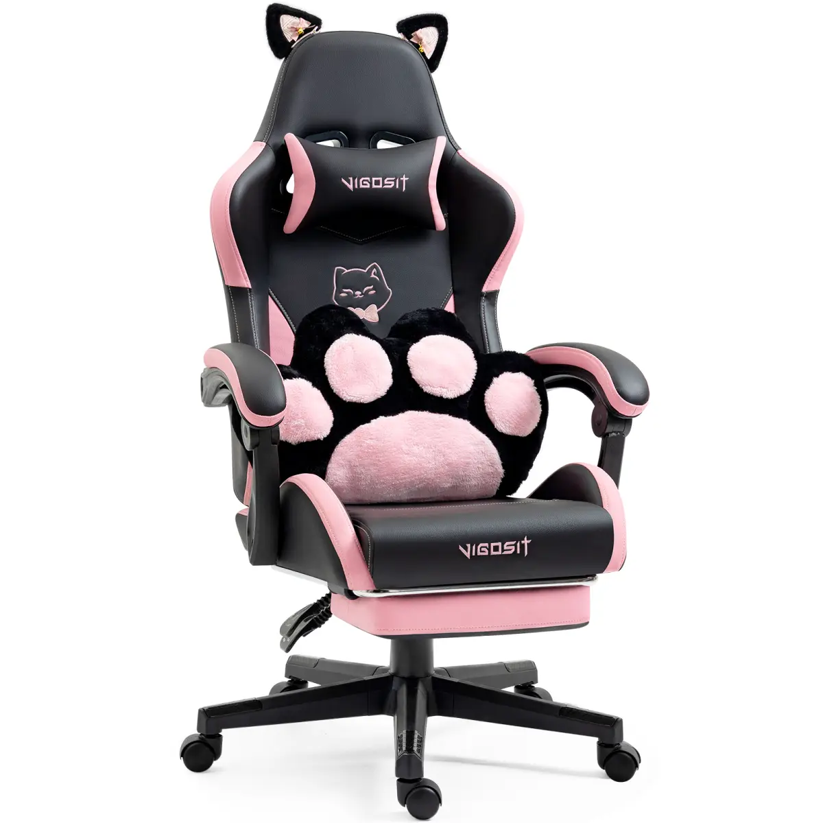 Black Cute Cat Design Velvet Gaming Chair, Adjustable Reclining Computer Desk Chair with 3D Cat Ears & Paw Lumbar Pillow, Steel Reinforced Frame High Back Ergonomic Office Chair for Home Bedroom (17.72"L x 18.50"W x 48.45"H)