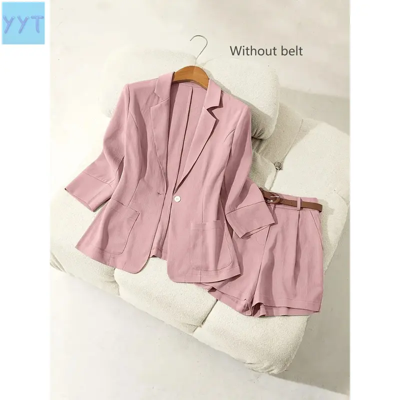 YYT1 Breathable Elegant Linen 2-Piece Set, Notched Lapel 7/8th Sleeve Jacket, High Waist Wide-Leg Shorts for Commuter Sports & Outdoor Use