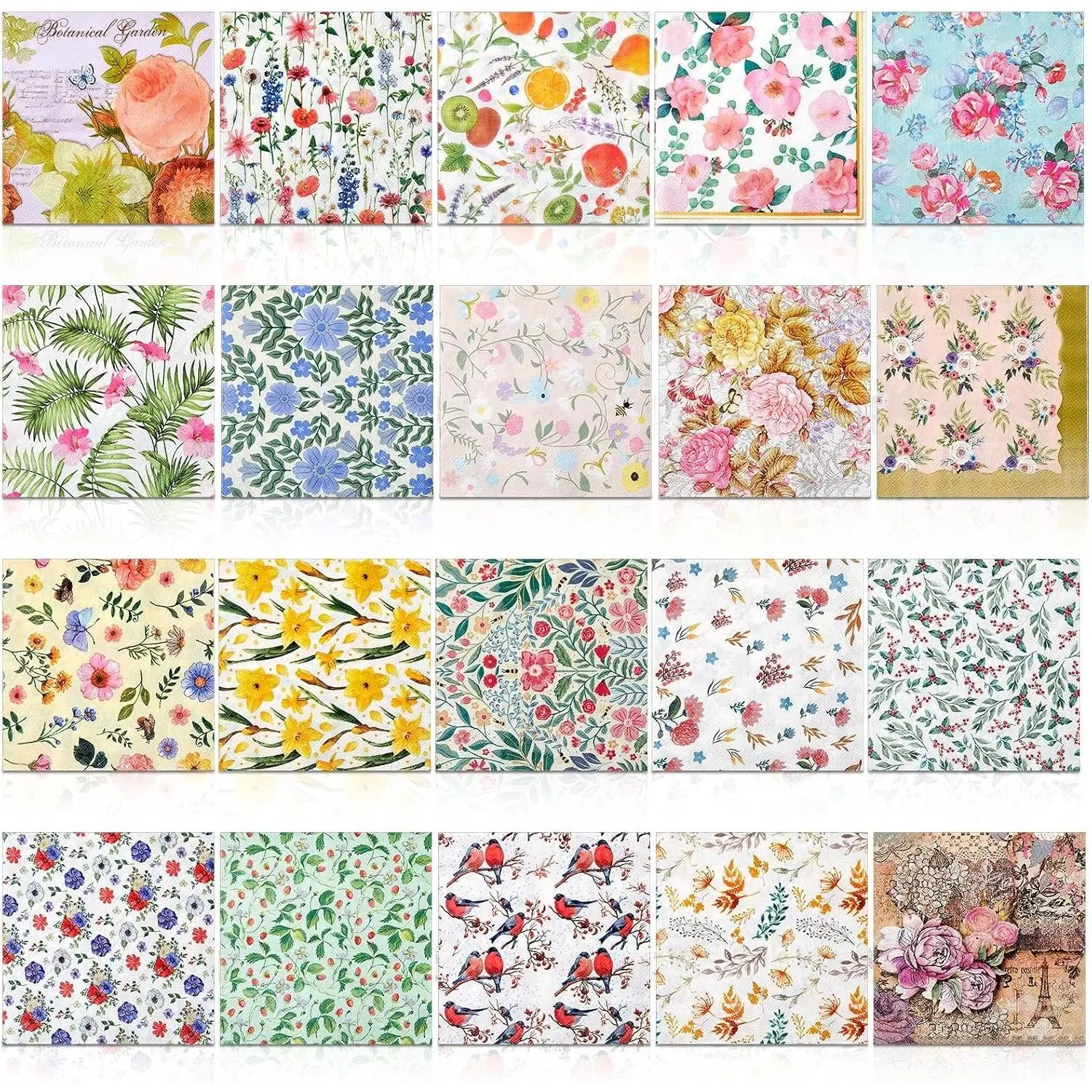 20 Pack Floral Cocktail Decorative Paper Napkins, 20 Styles Flower Party Napkins Ideal for Decoupage Crafts and Cocktail EventsGift