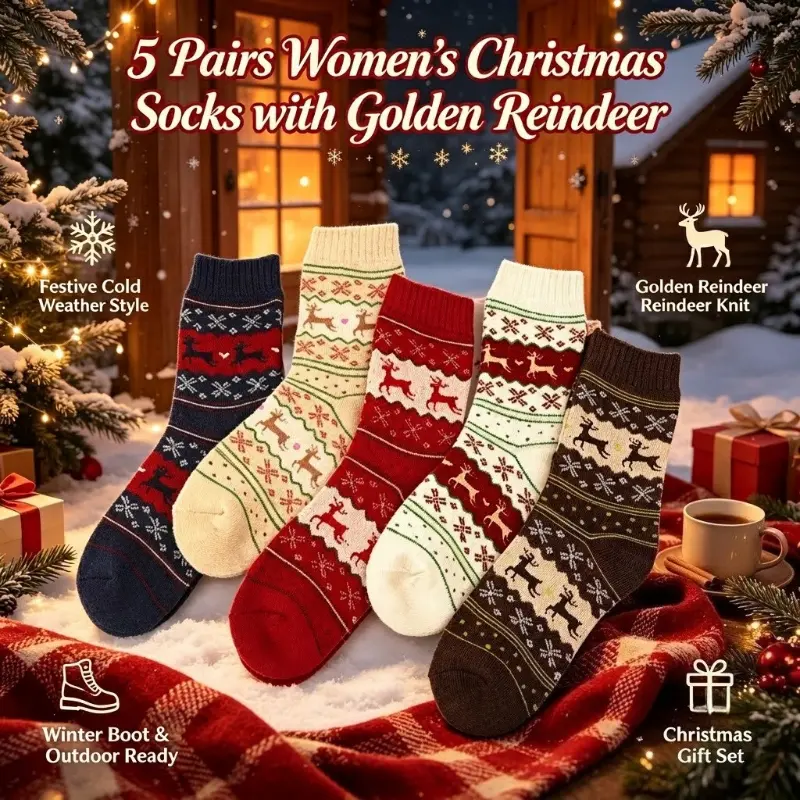 Women's Mid Calf Socks, Thick Terry Christmas Reindeer Print, Warm & Soft Winter Pack, Mixed Colors-5 Pairs, Machine Wash