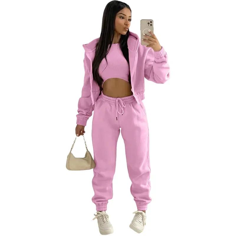 Women's Clothing Set Fleece-lined Hooded Sweater &Sleeveless Tank Top & Sports Sweatpants Pants Can be used with raincoat