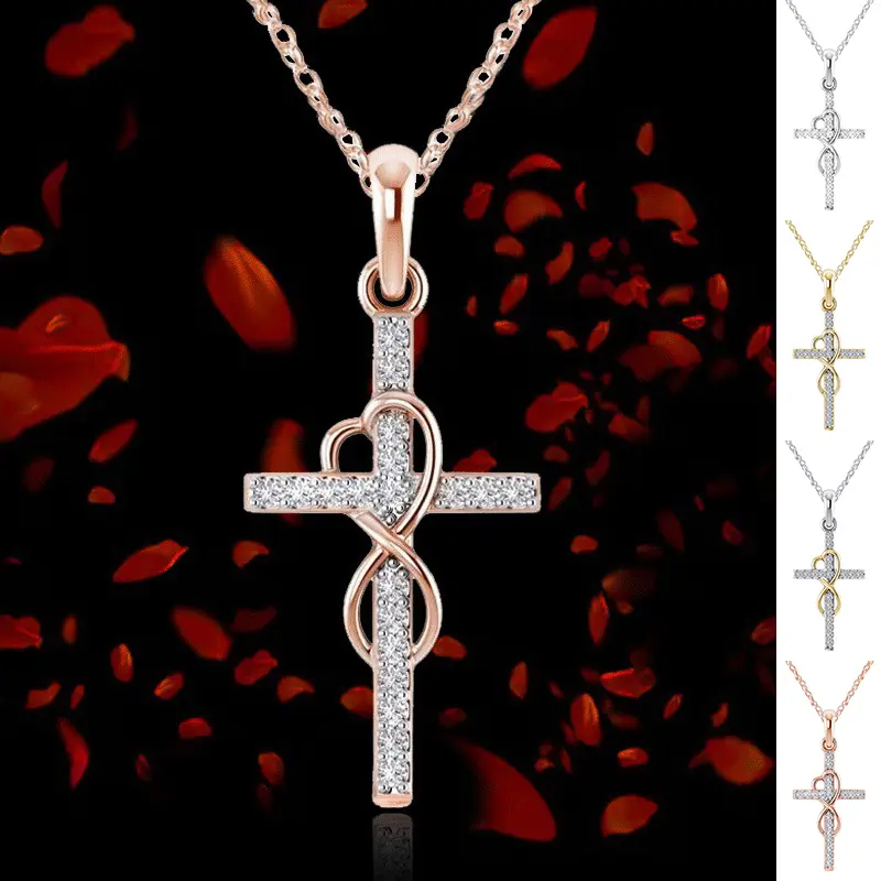 Necklace Alloy Eight‑character Cross Pendant Diamond Inlaid Jewelry For Women Daily Wear Trendy Accessory