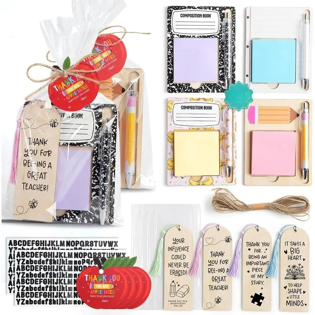 4 Set Personalized Teacher Appreciation Gifts - DIY Wooden Sticky Note Holders with Bookmarks, Pens & Alphabet Stickers for Custom Name, Bulk Thank You Gifts for Teacher Appreciation Week