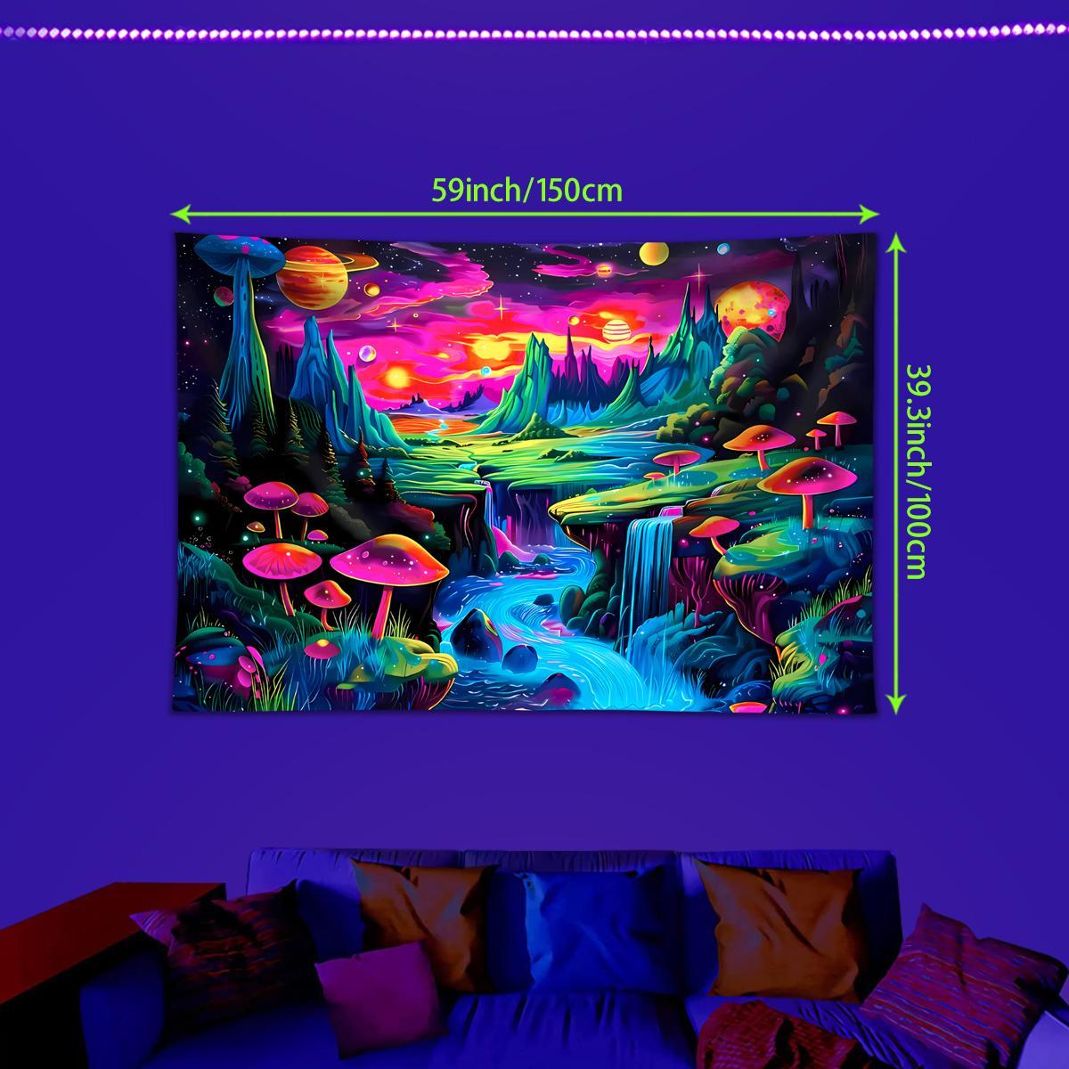 Neon Mushroom Landscape Tapestry, 1 Count UV Responsive Black Light Glow in the Dark Tapestry with Installed Accessories, Wall Decor for Home Living Room Bedroom