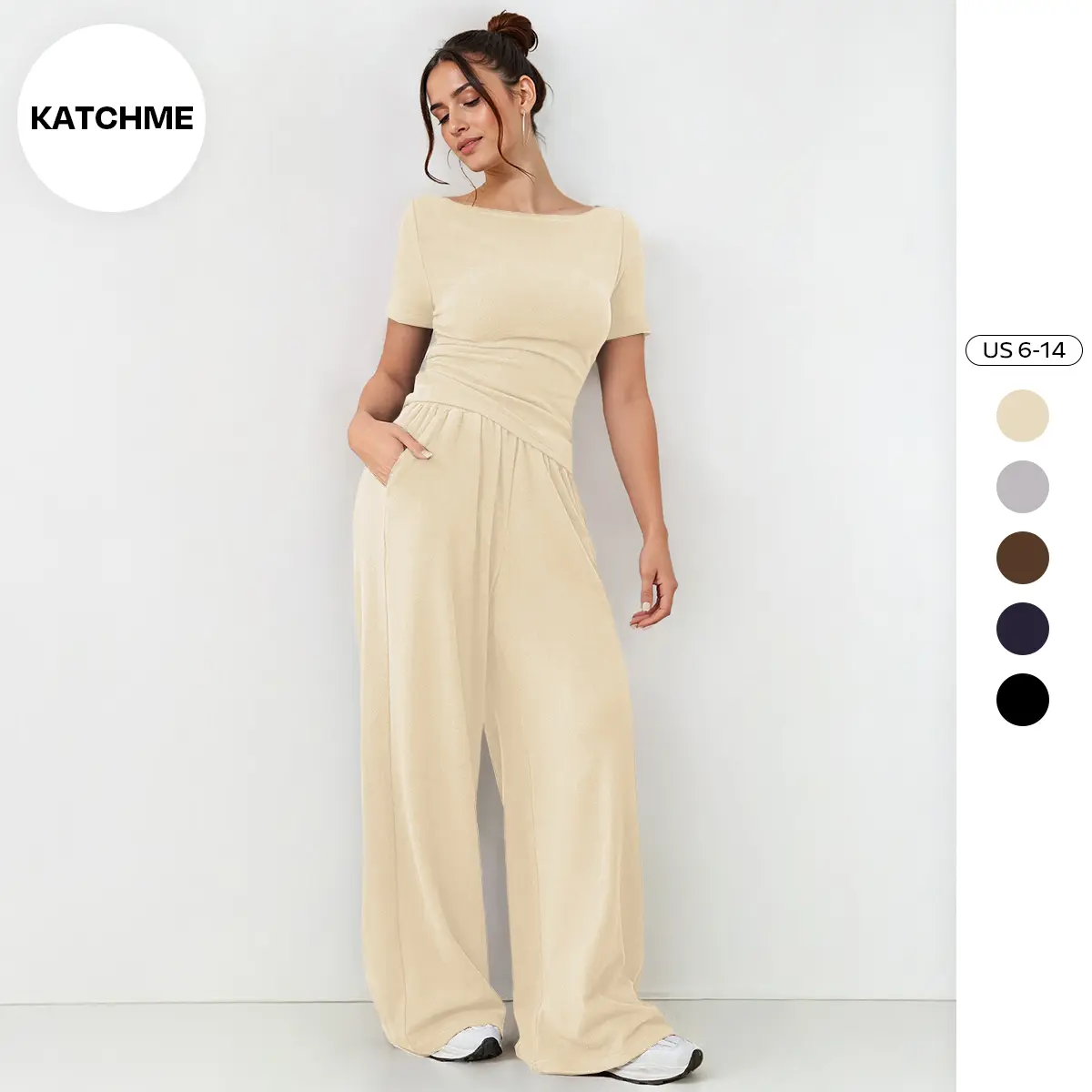 KatchMe Women's Basic Solid Color Scoop Neck Short Sleeve Slim Top & Wide Leg Pocket Trousers Co-ord, Spring & Summer Comfort Two Piece Outfits