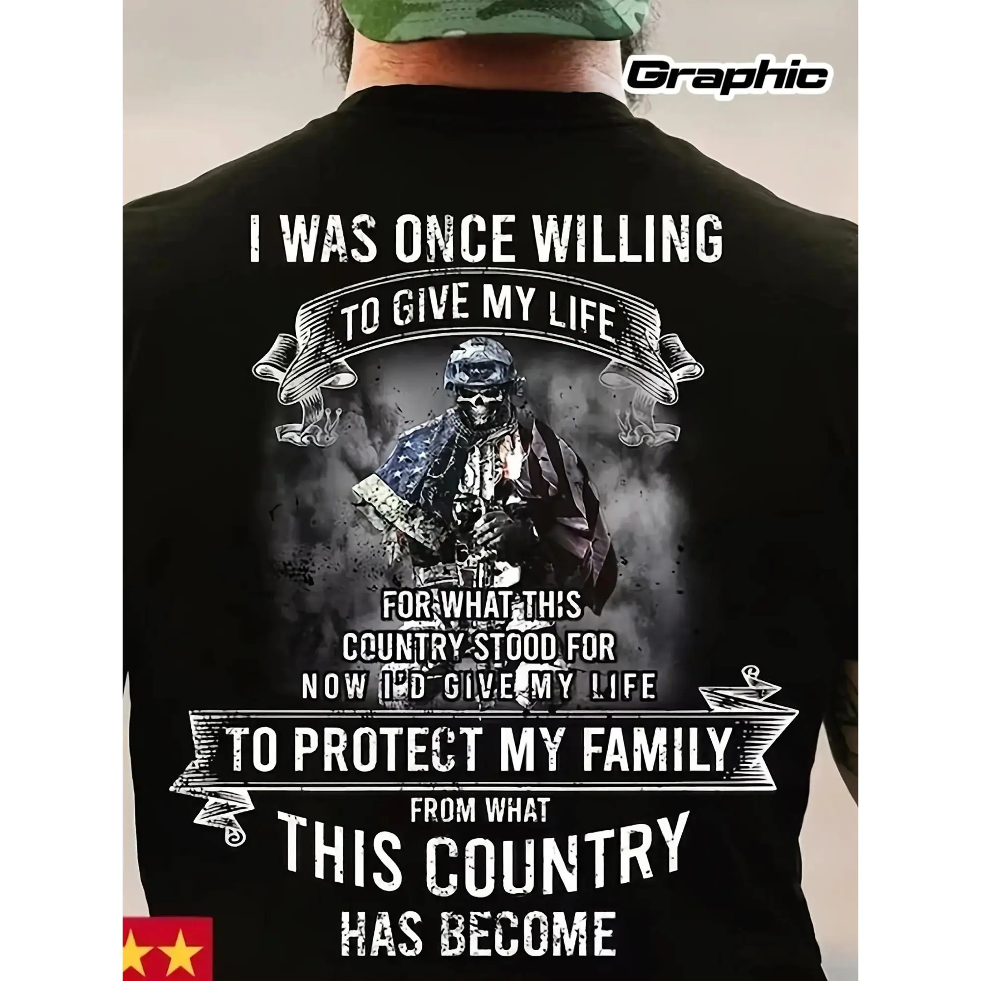 Veteran Soldier Skull American Flag Graphic T Shirt Retro Military Patriotic Quote Print Veteran Lifestyle Unisex Black Casual Short Sleeve Tee