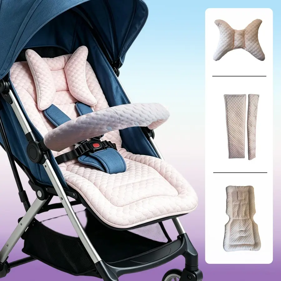 3-Piece Ice Bean Summer Cool Baby Stroller Pad Set, Butterfly Pillow, Protective Gloves, Anti-Shock, Spine Support, Cute Design