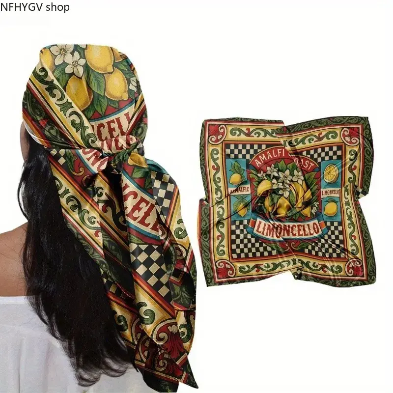 Amalfi Limoncello Print Square Scarf, Soft Breathable Lightweight Multi-Use Head Wrap Bandana, Italian Coastal Fashion Accessory For Women Daily Wear Summer Beach Trips And Mediterranean Vacation Outfit Styling