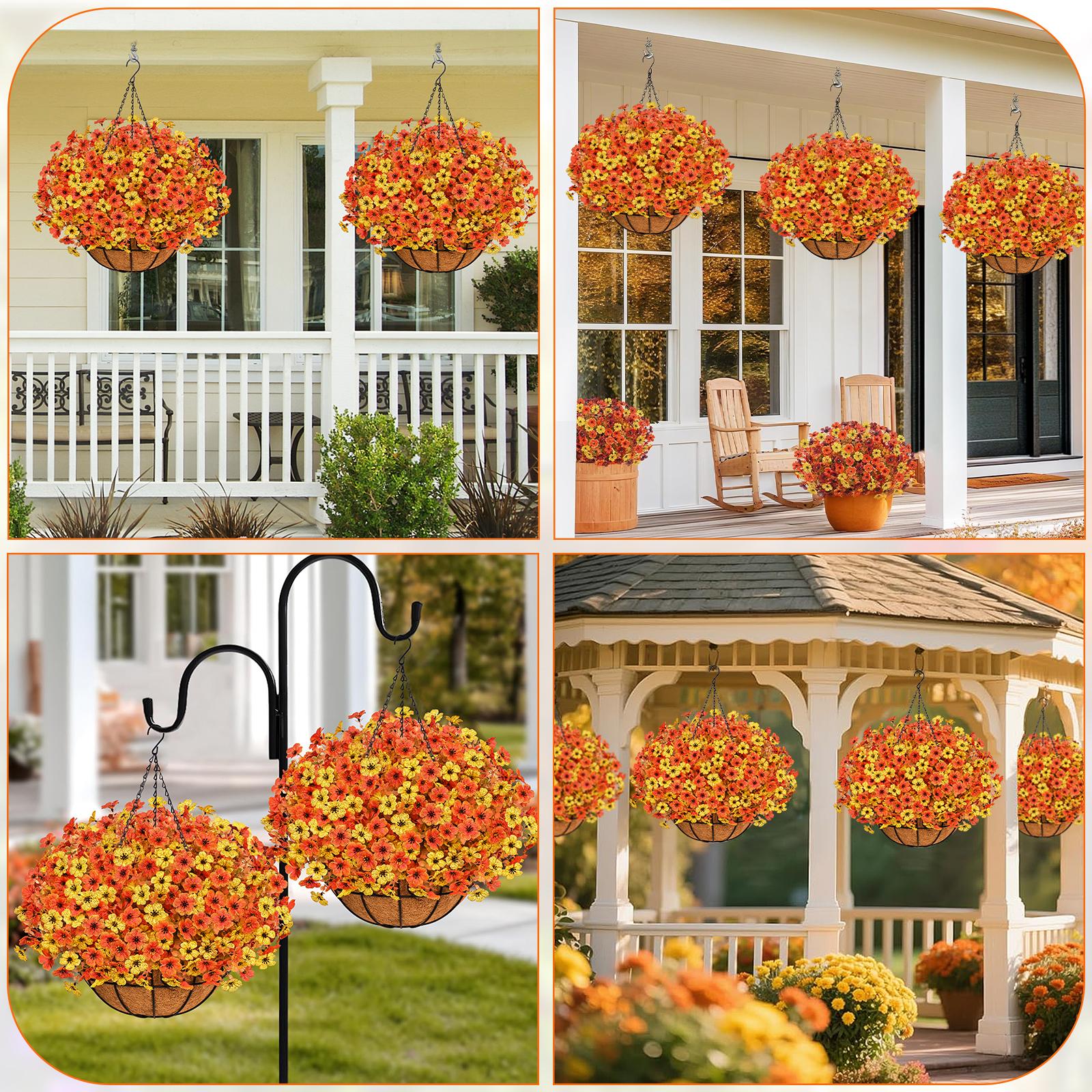 Artificial Fall Hanging Baskets for Outdoors Fake Hanging  Realistic UV Resistant Fall Flowers for Fall Decor Porch Patio Garden Decor OrangeYellow Decorative Fruit Nature Plants Yellow+Orange(12Pcs)