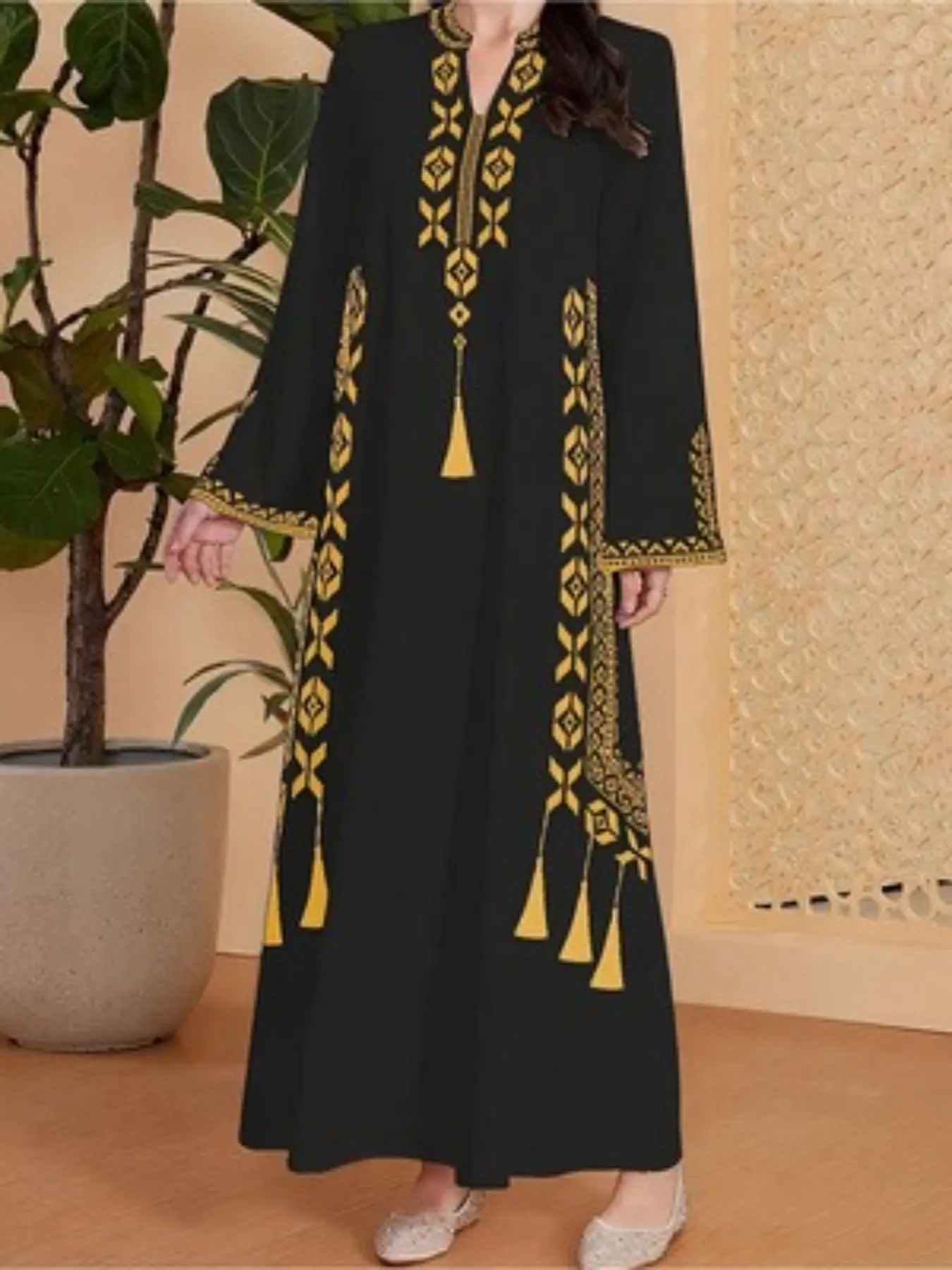 Solid Gold Tribal Geometric Embroidery Tassel Accent Maxi Dress, Long Sleeves, Vintage Moroccan Style, Loose-Fitting, All Seasons, Elegant Formal Evening Wear