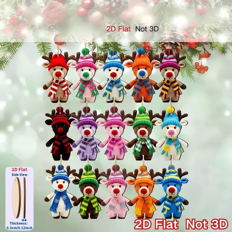 15-Piece 2D Wooden Decorative Hanging Ornaments, Christmas Tree Decorations, Festival Party Atmosphere Accessories, with Rope for Easy Hanging