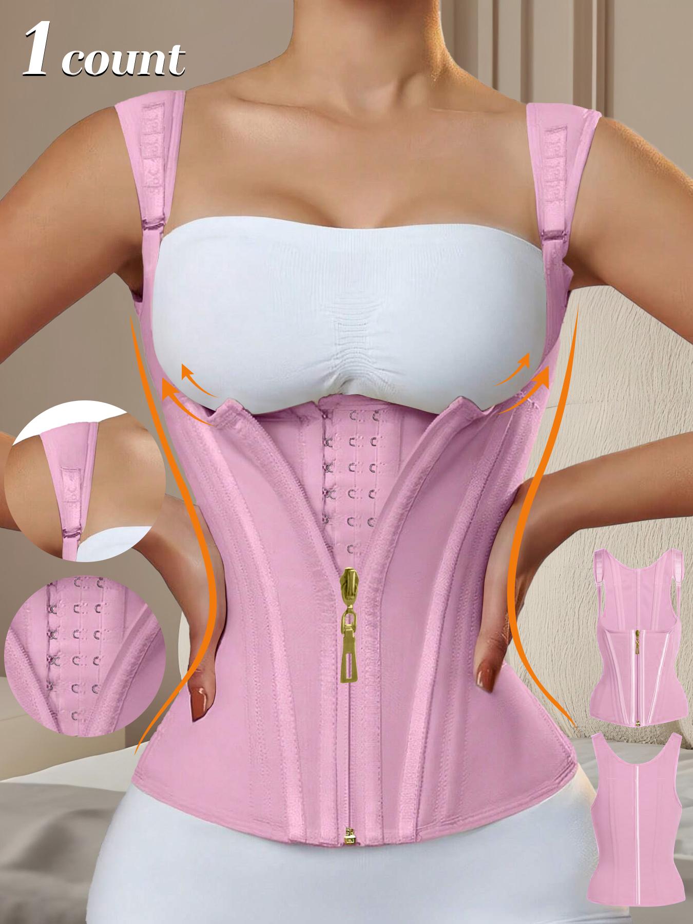 Women's Solid Color Zipper Hooks Waist Trainer Corset, Tummy Control Shapewear Tops, Adjustable Hooks Body Shaper for Women, Firm Tummy Control