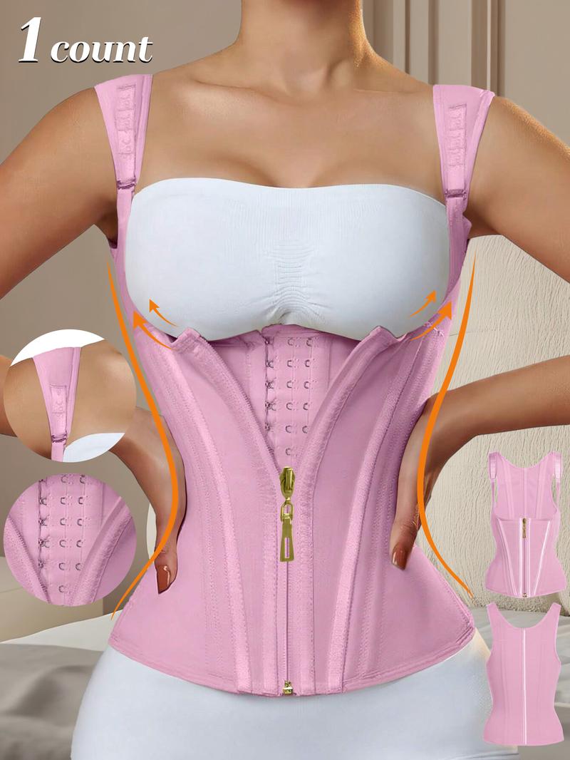 Women's Solid Color Zipper Hooks Waist Trainer Corset, Tummy Control Shapewear Tops, Adjustable Hooks Body Shaper for Women, Firm Tummy Control