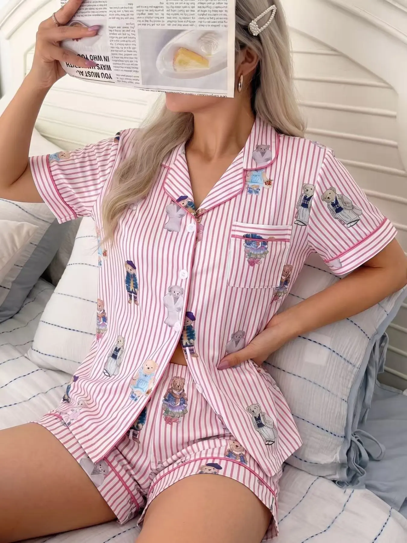 Women's Striped Teddy Bear Print Pajama Set, Short Sleeve and Shorts, Soft and Comfortable, All Seasons, Casual Home Wear, Loungewear Nightwear Set, Matching Nightwear Set, Matching Pajamas