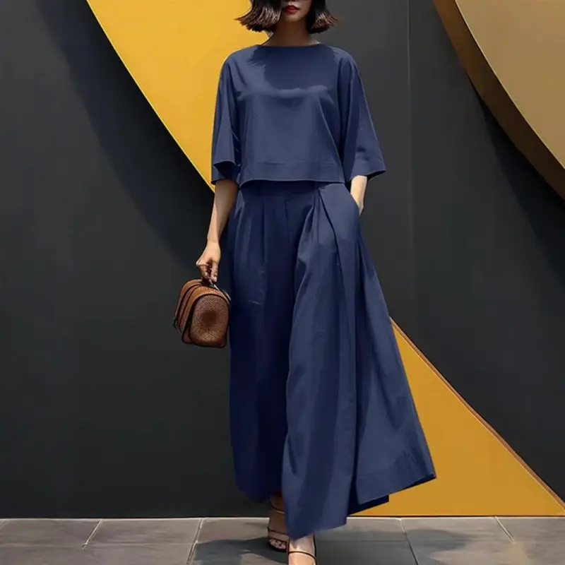 Fashion Cute Oversized 2 Piece Outfit Set, Comfort Short Sleeve Crop Top & Wide Leg Long Culottes, Women Solid Casual Loose Matching Suit, Valentine's Day Gift For Her, Holiday Present For Girlfriend Wife Friends