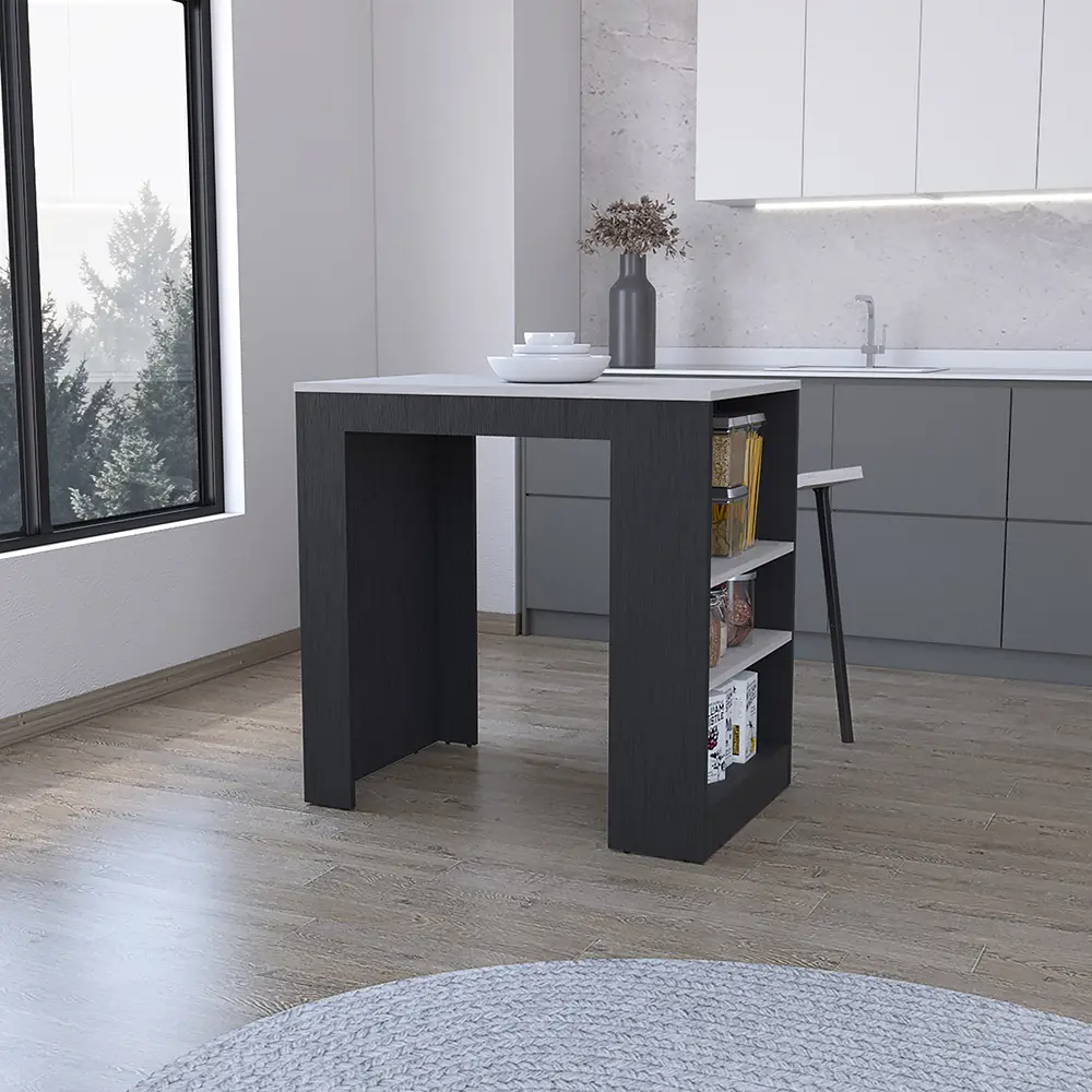Kitchen Island with Three Side Shelves, Black and Ibiza Marble Finish, 23.2 x 36.2 Inch Compact Kitchen Cart for Small Kitchens and Apartments