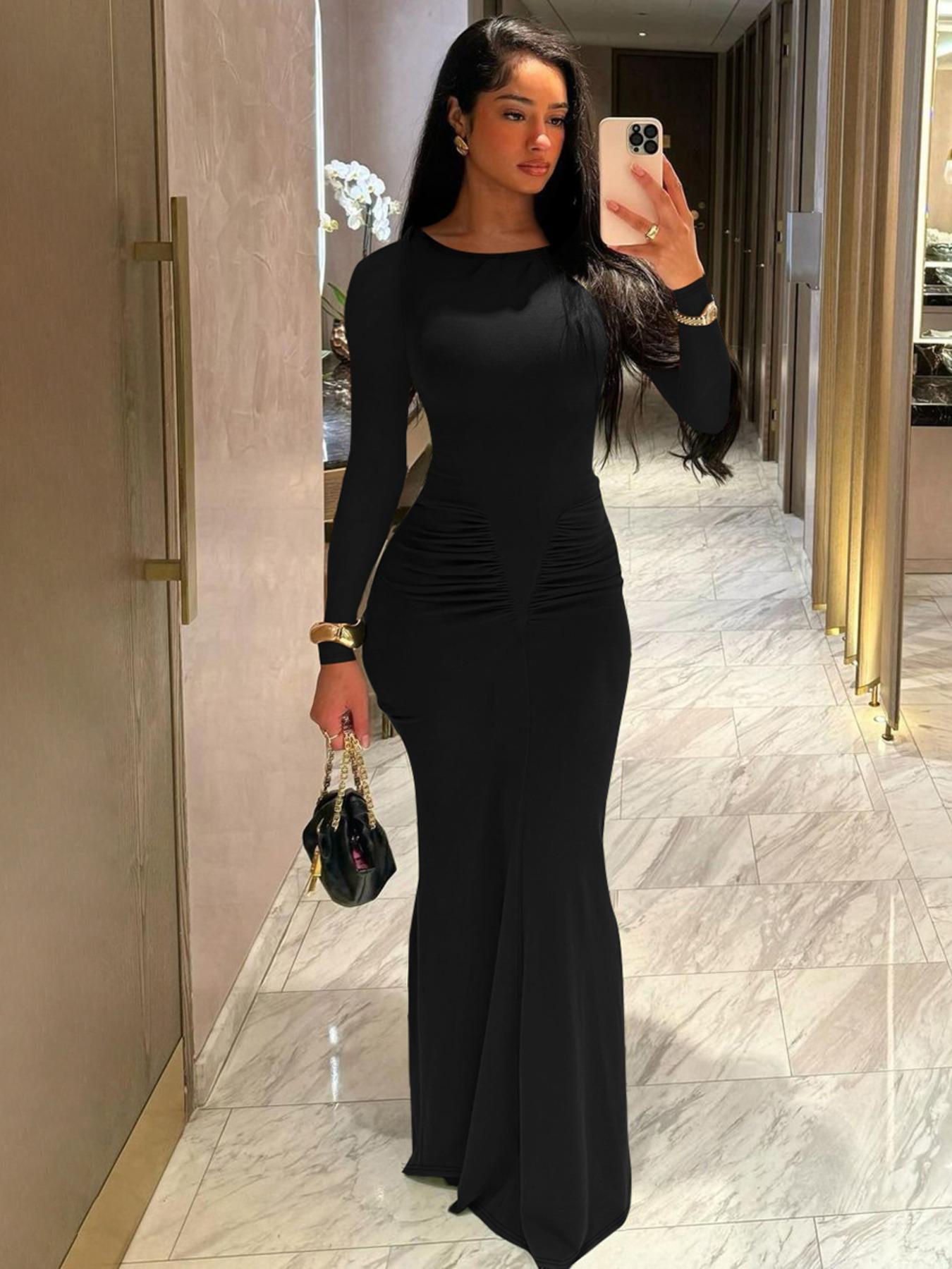 Women's Elegant Ruched Long Sleeve Bodycon Long Dress, Solid Color Party Club Dating Dress for Women