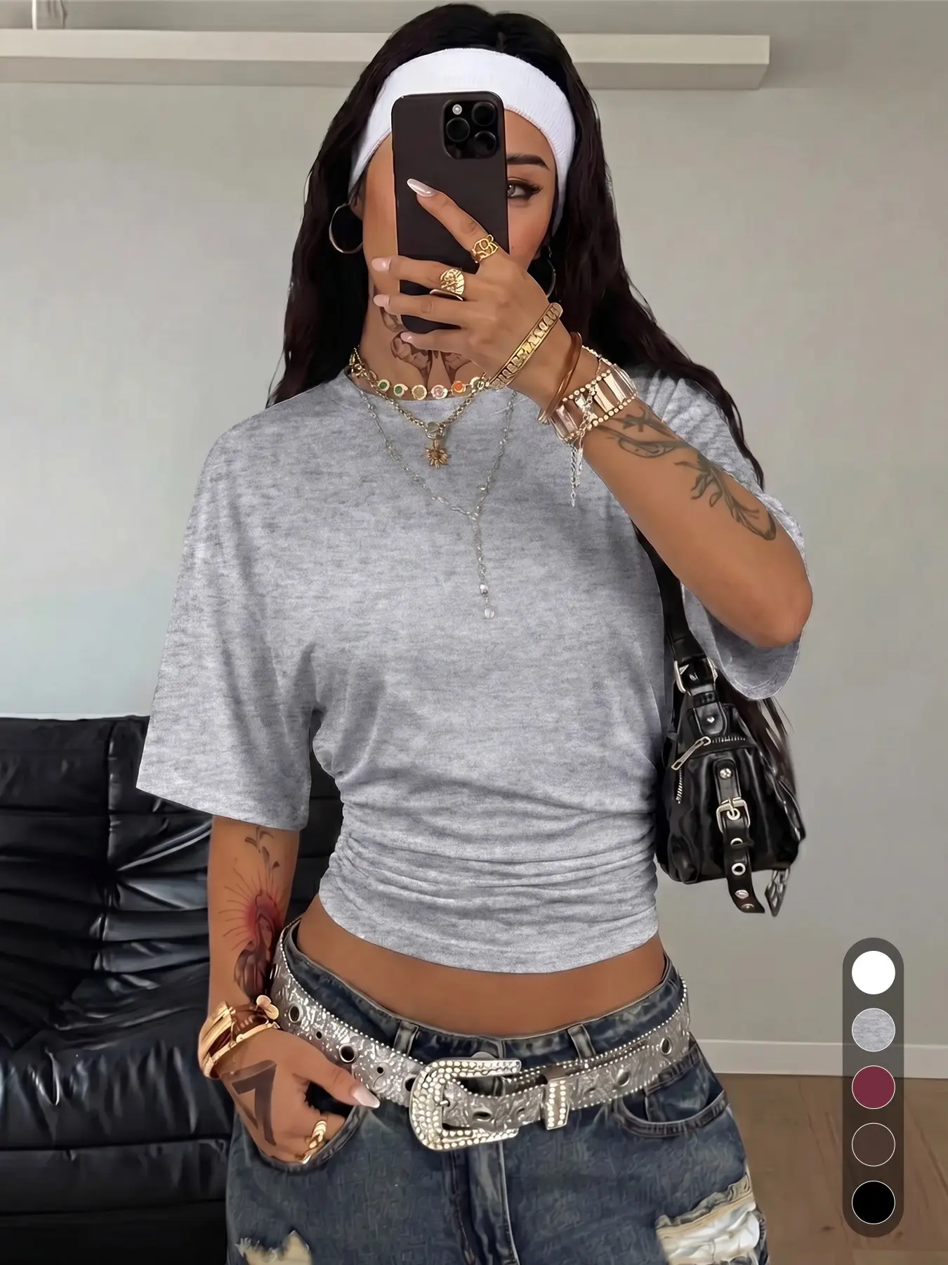 Women Crew Neck Short Sleeve Cropped T-Shirt, Side Ruched Slim Fit, Soft Stretchy Loose Drop Shoulder, Chic Casual Everyday Wear Summer, Tops